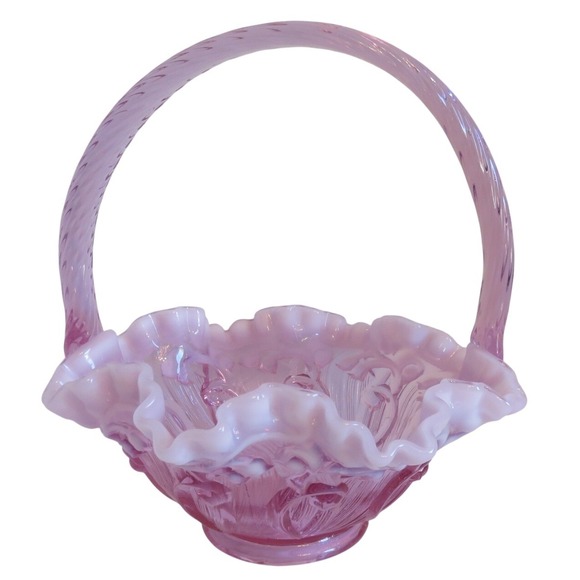 Fenton Lavender Opalescent Ruffled Floral Glass Basket Twisted Handle 9\